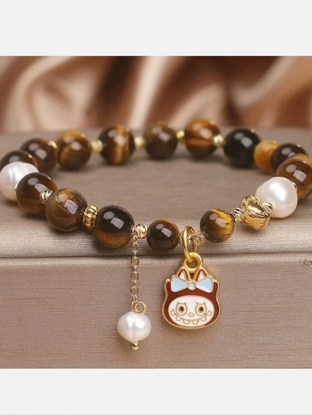 Labubu Tiger Eye Beaded Bracelet Pearl Charm Gold Tone Stretch Bracelet